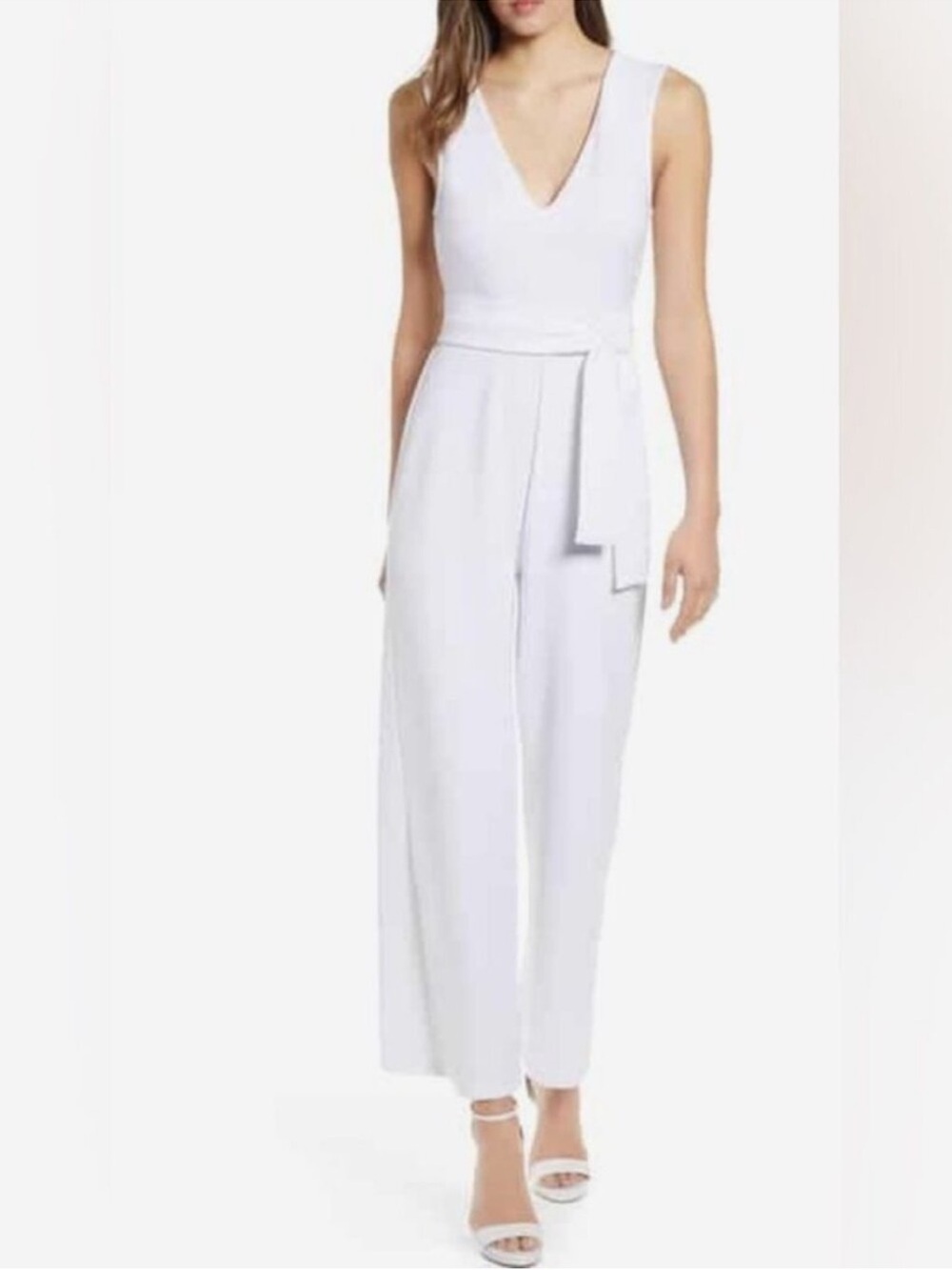 Calvin Klein White V-Neck Sleeveless Wide-Leg Jumpsuit with Waist Tie